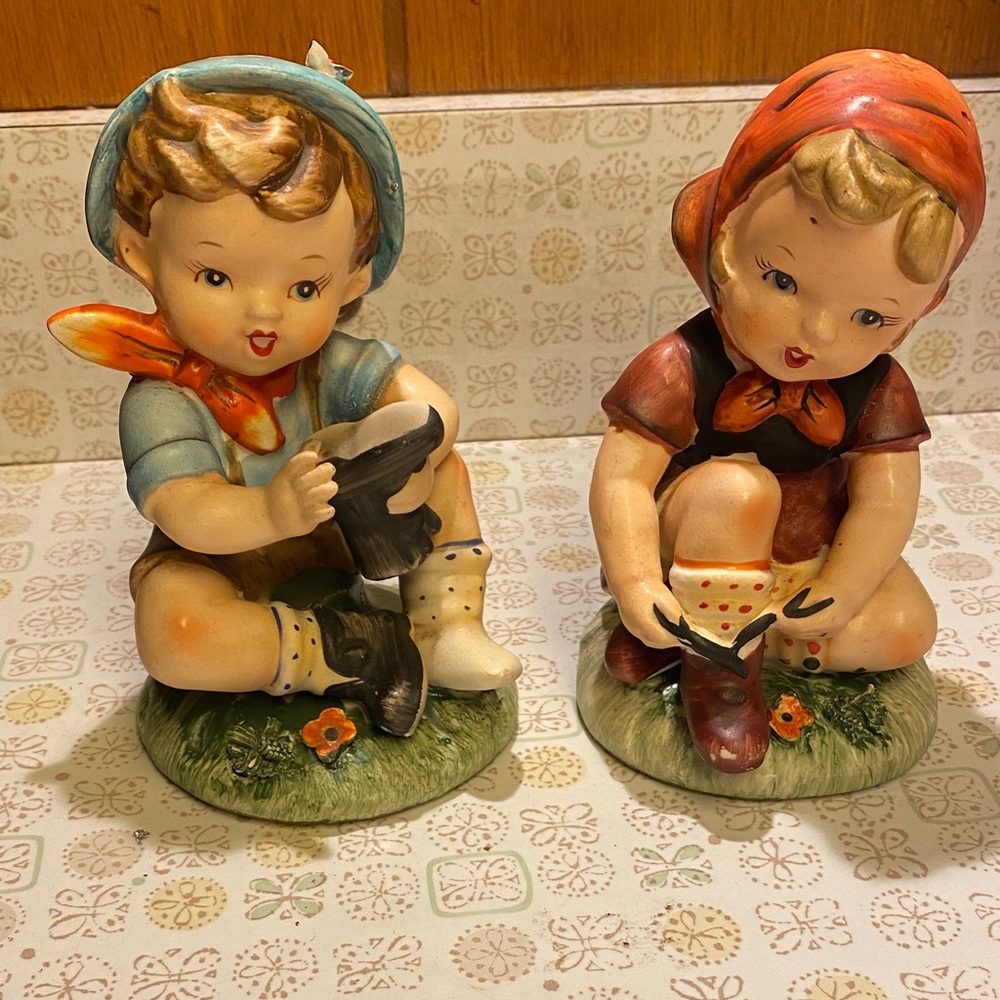 Sandy Shoes, Tying Laces, Boy and Girl Figurines Vintage